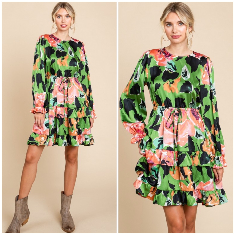JODIFL Green Floral Long Sleeves Short Dress - Picture 6 of 7